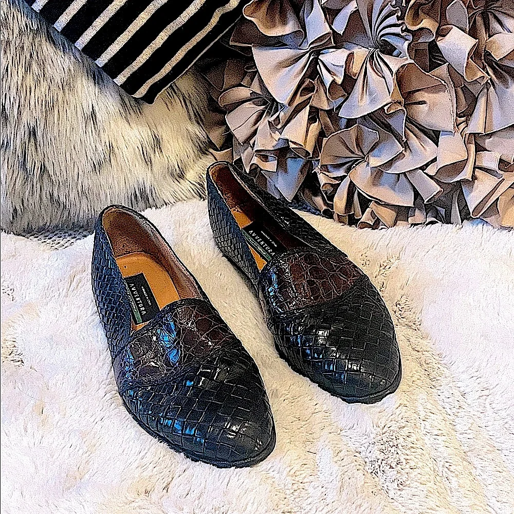 Aventura Men’s Black Brown Loafers  Embossed Woven Leather Handmade Spain Shoes